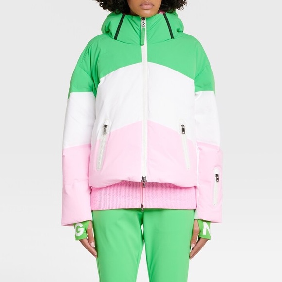 Bogner Vila quilted down ski jacket in pink and green - Picture 2 of 14